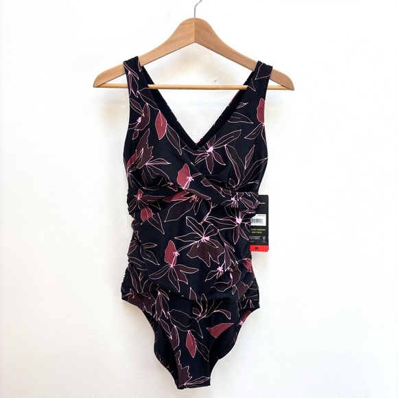 Eddie Bauer Ruched Shaping One Piece Swimsuit Bathing Suit Black Floral M NEW - Picture 2 of 14